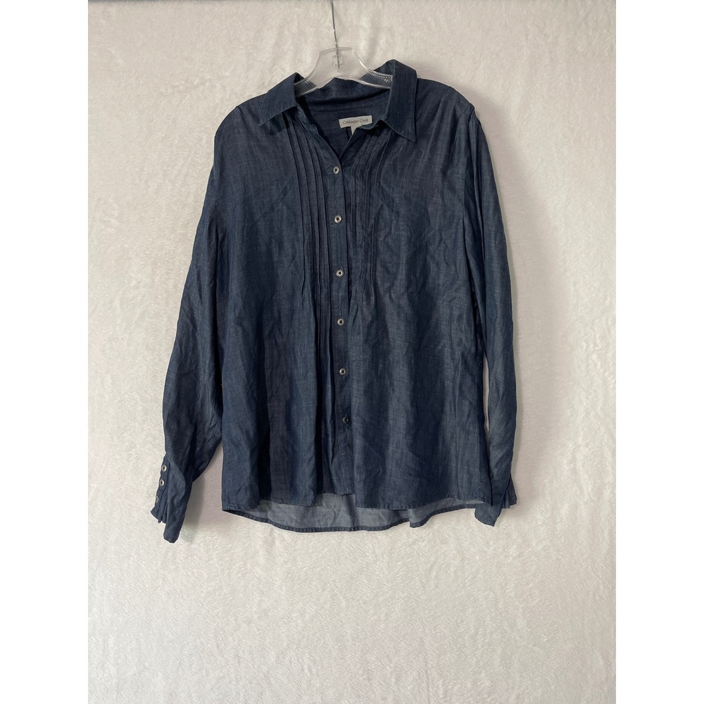 Coldwater Creek Womens XL Blue Pintuck Button Down Shirt Dark Wash Long Sleeve
